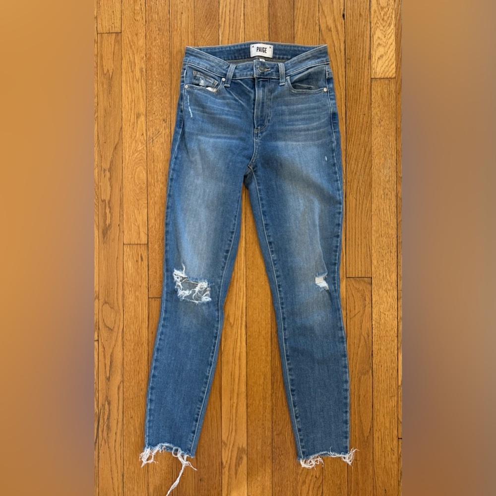 PAIGE Hoxton Ankle Jeans. Blue Mid-Rise Ripped Stretch Denim. Women’s Size 26 - Picture 2 of 12